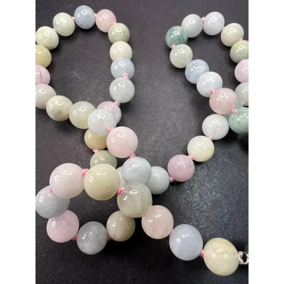 Multi beryl aquamarine morganite knotted necklace with sterling  clasp - Picture 10 of 11
